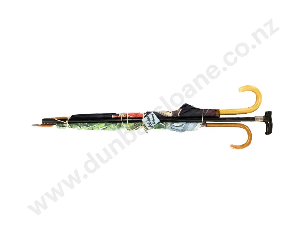 S/S Hilted and Rimmed Walking Stick Together with Two Umbrellas Image 1++