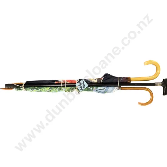 S/S Hilted and Rimmed Walking Stick Together with Two Umbrellas