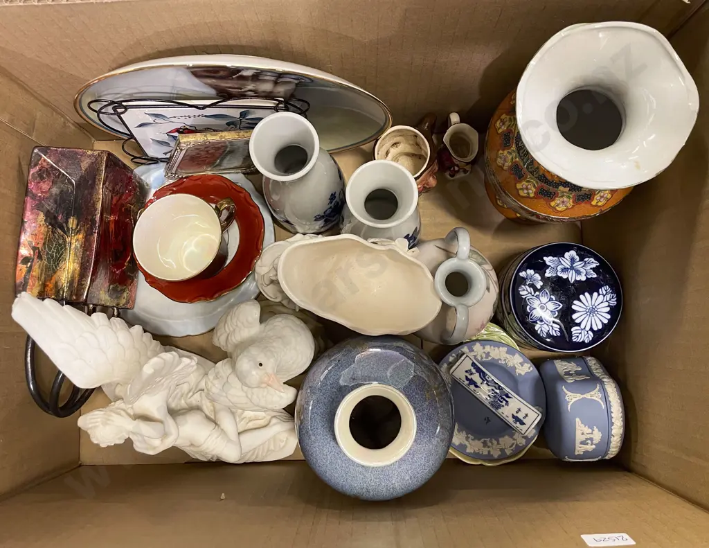 Box of Assorted China Ornaments and Vases etc Image 1++