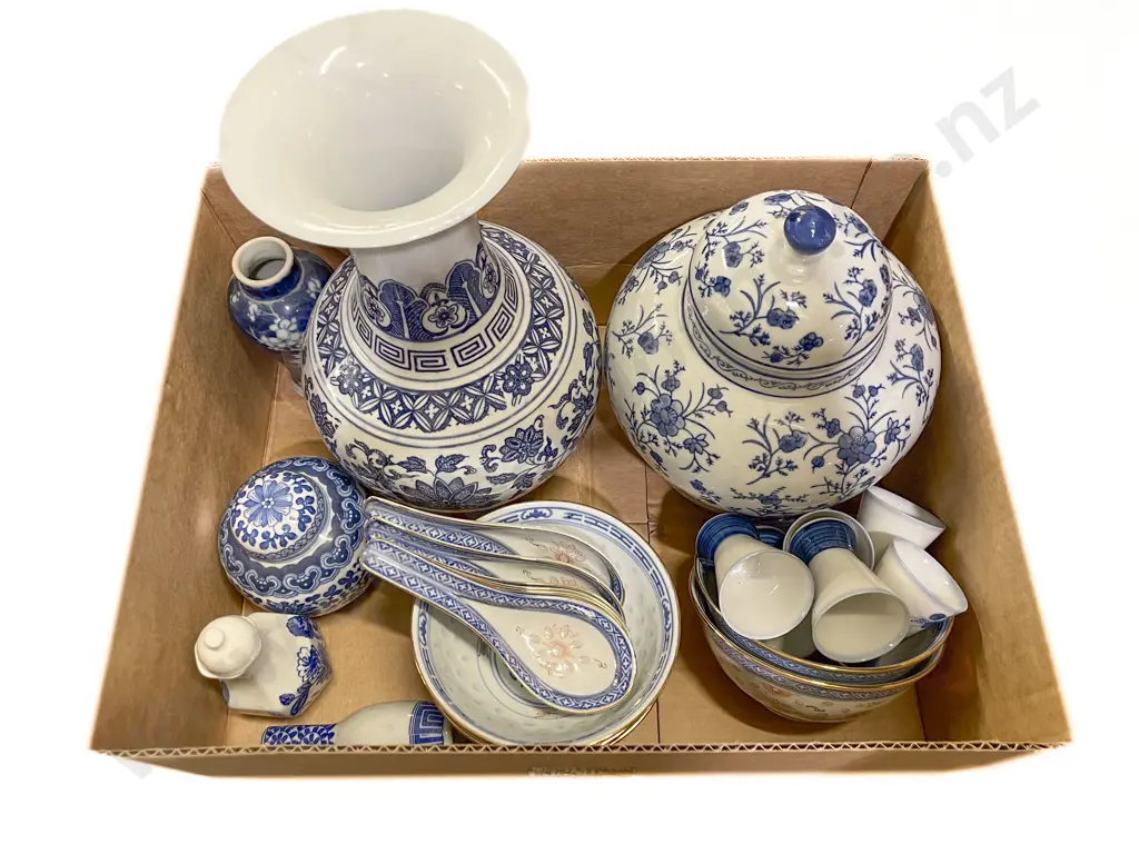 Box of Assorted Blue and White China Image 1++