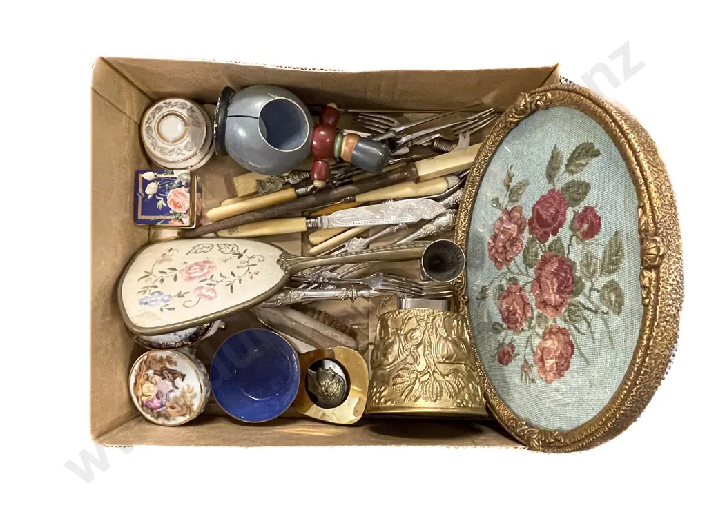 Box of Assorted Including Framed Tapestry and Assorted Cutlery etc Image 1++