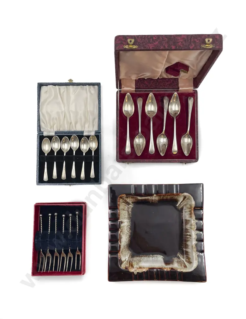 Three Boxed Sets of Plated Cutlery Including Oyster Forks and Grapefruit Spoons Together with Pottery Tray Image 1++