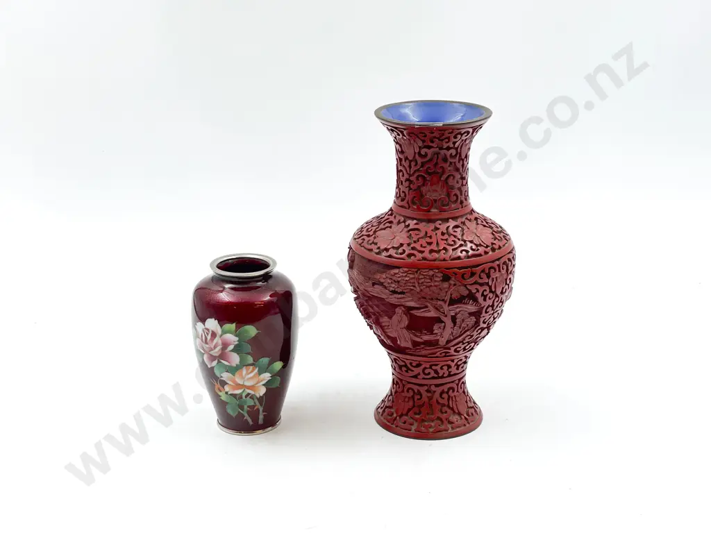 Cinnabar Lacquer Vase Together with Small Cloisonné Vase Image 1++
