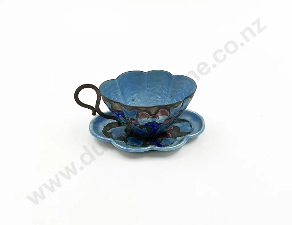 Chinese Enamel on Pewter Lobed Teacup and Saucer Image 1++