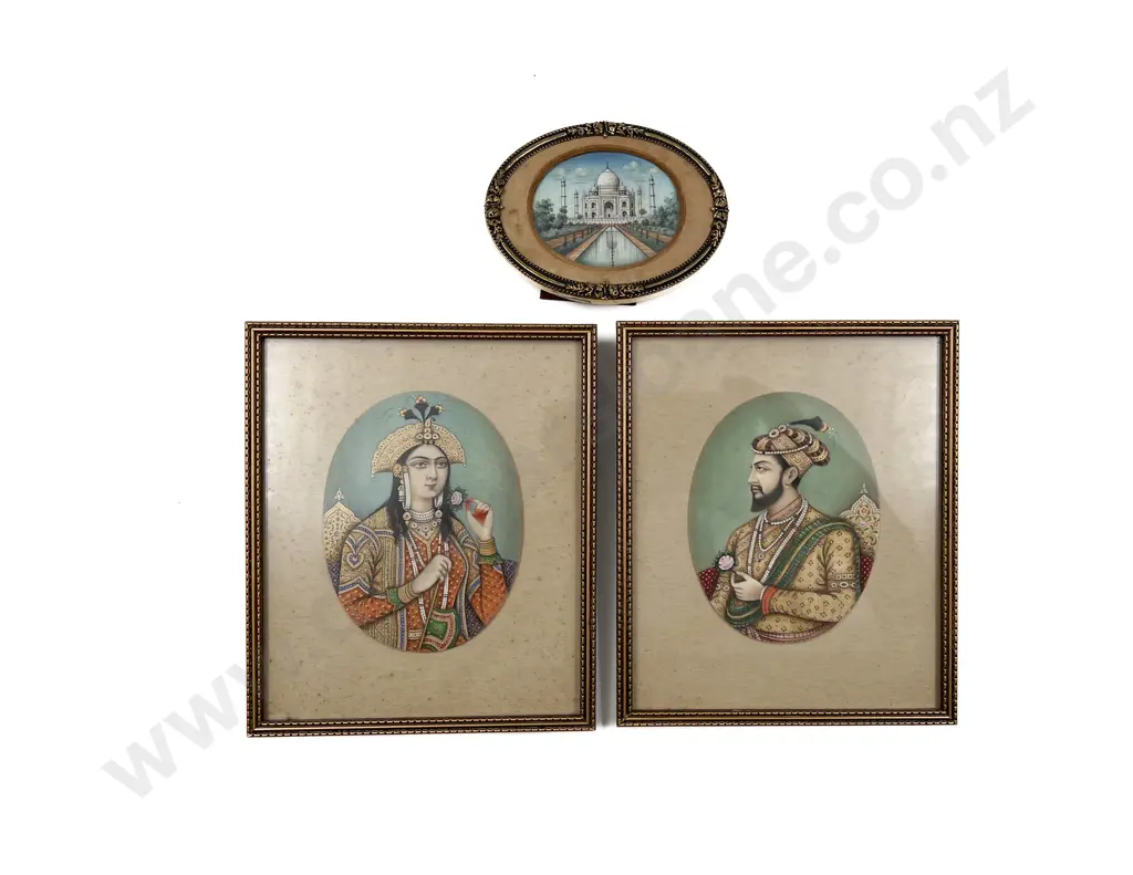 Three Framed Mughal Works Depicting Shah Jahan Mumtaz Mahal and the Taj Mahal Image 1++
