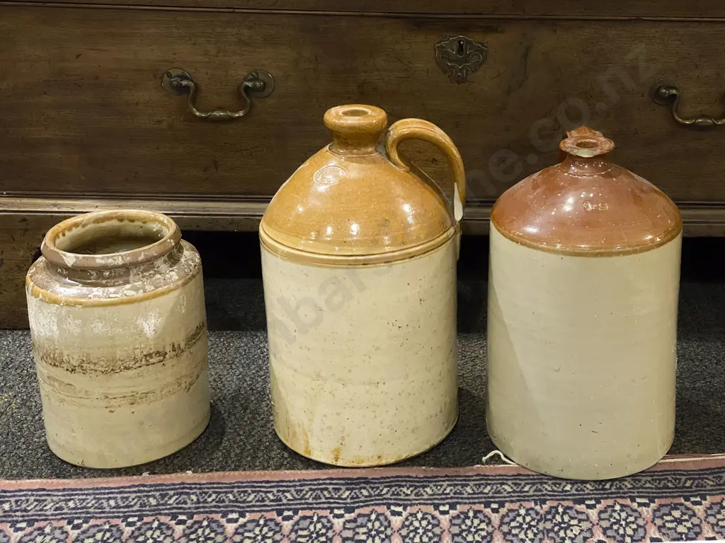 Two Stoneware Bottles Together with Croc and Smaller Bottle Image 1++