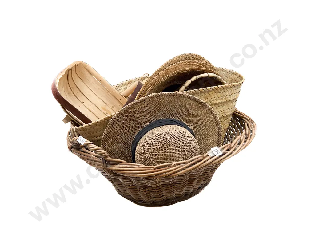 Vintage Wicker Laundry Basket and Assorted Bags and Hats Image 1++