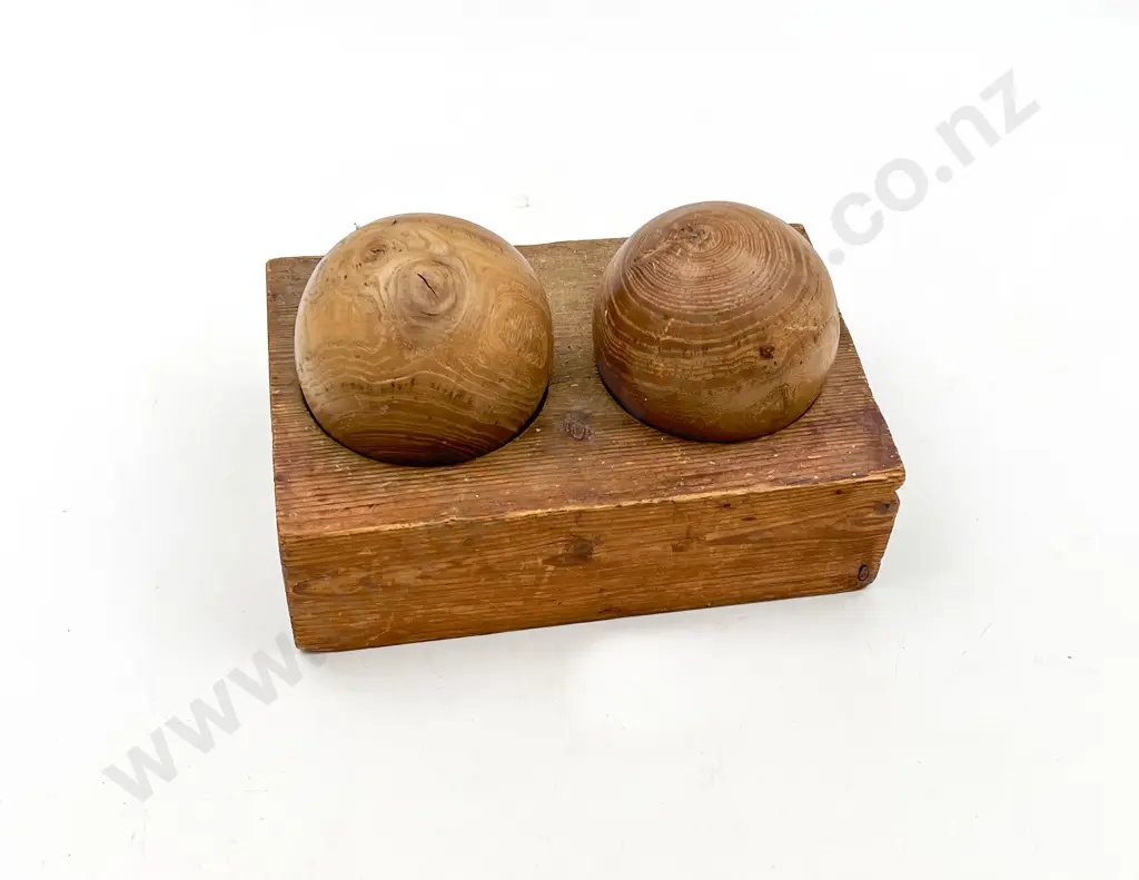 Two Vintage Wooden Carpet Balls on Stand Image 1++