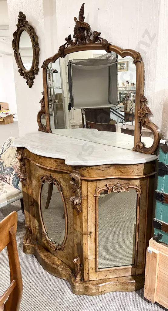 Victorian Walnut Marble Top Mirror Back Side Cabinet Image 1++