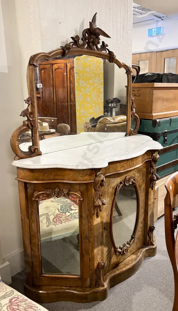 Victorian Walnut Marble Top Mirror Back Side Cabinet Image 1++