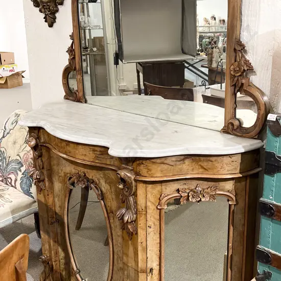 Victorian Walnut Marble Top Mirror Back Side Cabinet