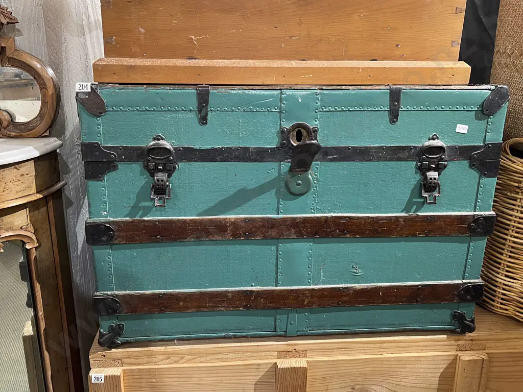 Green Painted Metal Bound Cabin Trunk Image 1++