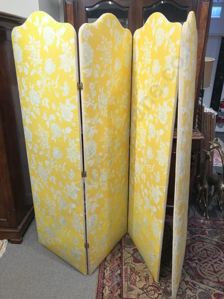 Yellow Floral Fabric Four Panel Dressing Screen Image 1++