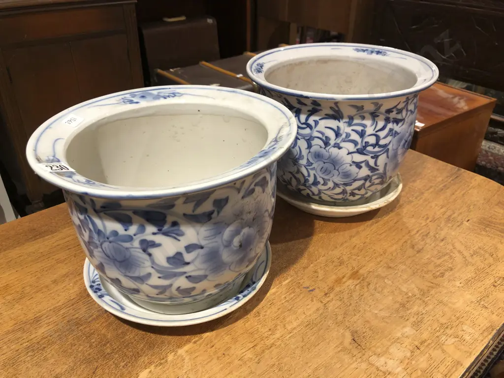 Pair of Modern Blue and White Jardinières and Stands Image 1++