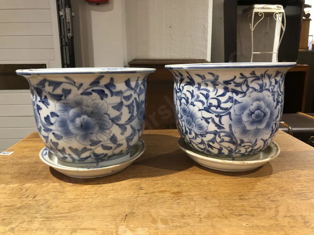 Pair of Modern Blue and White Jardinières and Stands Image 1++