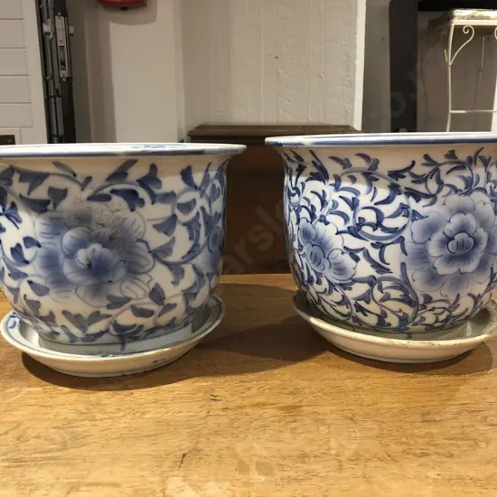 Pair of Modern Blue and White Jardinières and Stands