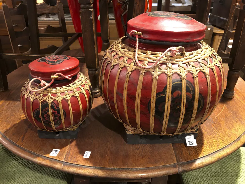 Pair of Painted Red Lacquered Rattan Bound Lidded Jars Image 1++