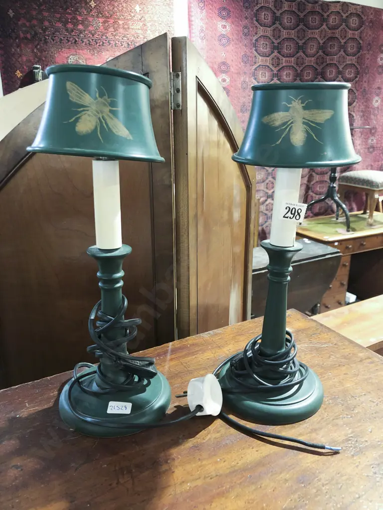 Small Pair of Green Painted Lamps and Shades Image 1++