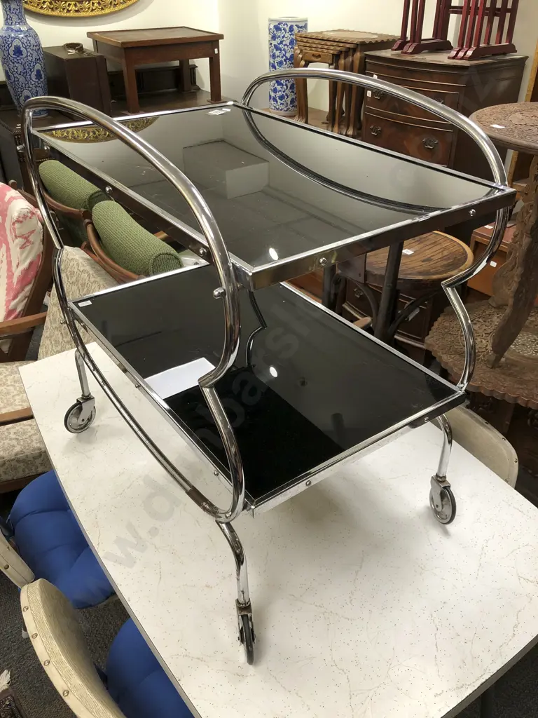 Deco Chrome and Black Glass Tea Trolley Image 1++