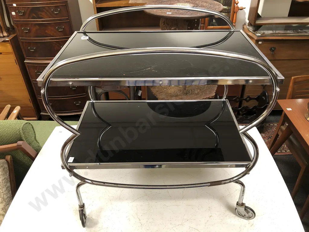 Deco Chrome and Black Glass Tea Trolley Image 1++