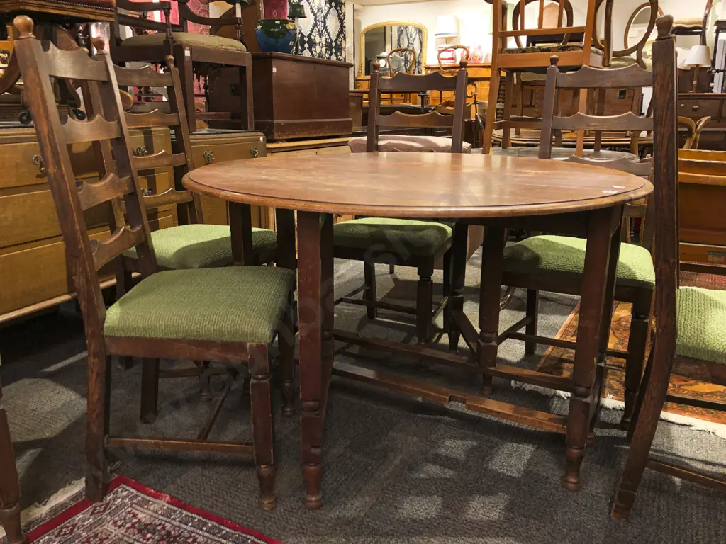 Oak Drop Leaf Dining Table With Six Ladder Back Chairs Image 1++