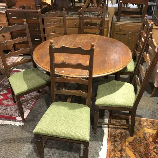 Oak Drop Leaf Dining Table With Six Ladder Back Chairs
