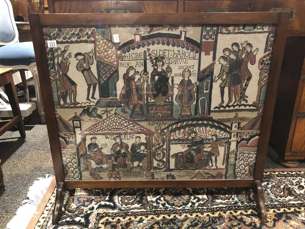 Fire Screen with Medieval Scene Fabric Inset Image 1++