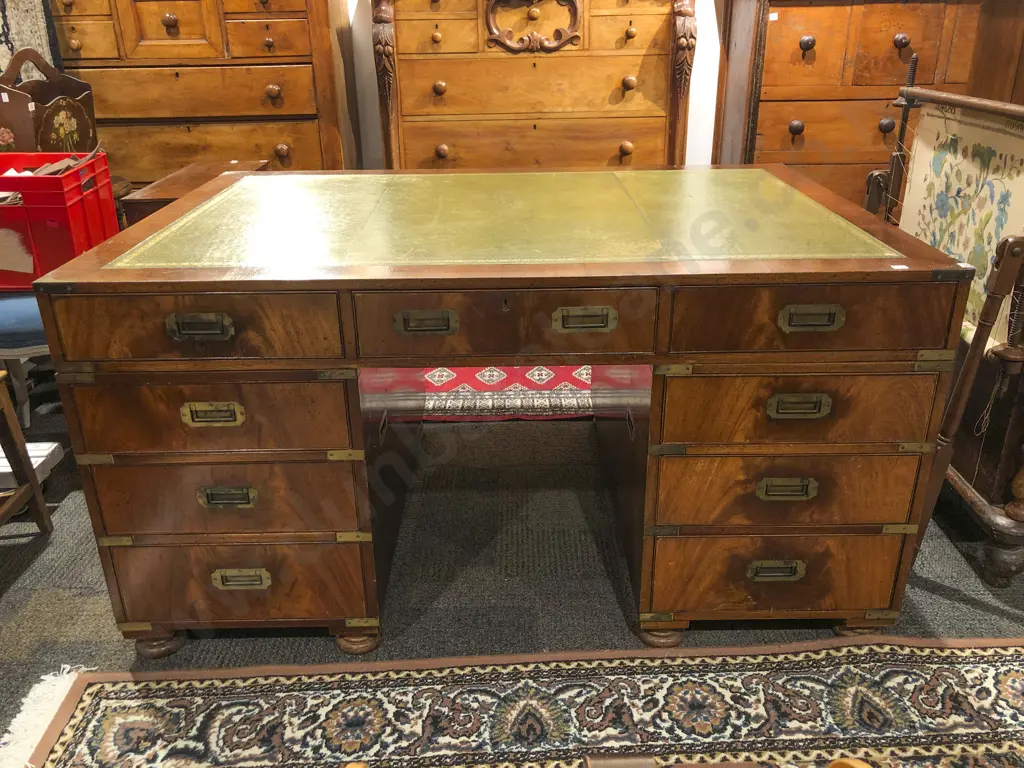 C19th Campaign Style Mahogany Partners Desk Image 1++