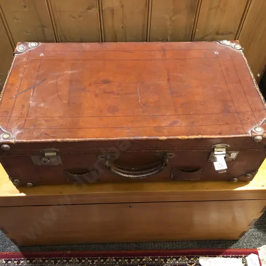 Good Quality Vintage Leather Suitcase With Brass Studding