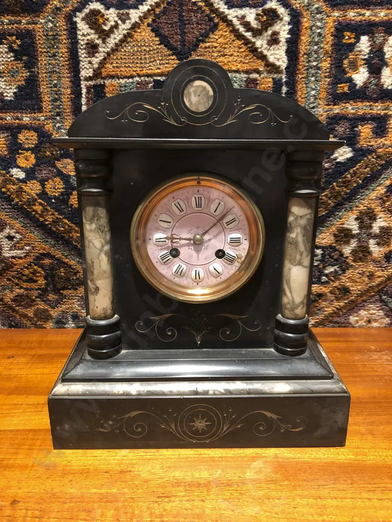 Victorian Black Slate Mantle Clock with Pink Ceramic Tile Image 1++