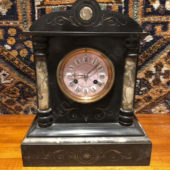 Victorian Black Slate Mantle Clock with Pink Ceramic Tile