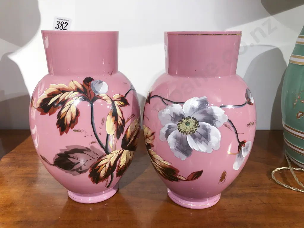 Pair of Victorian Pink Opaque Glass Leaf Painted Vases Image 1++