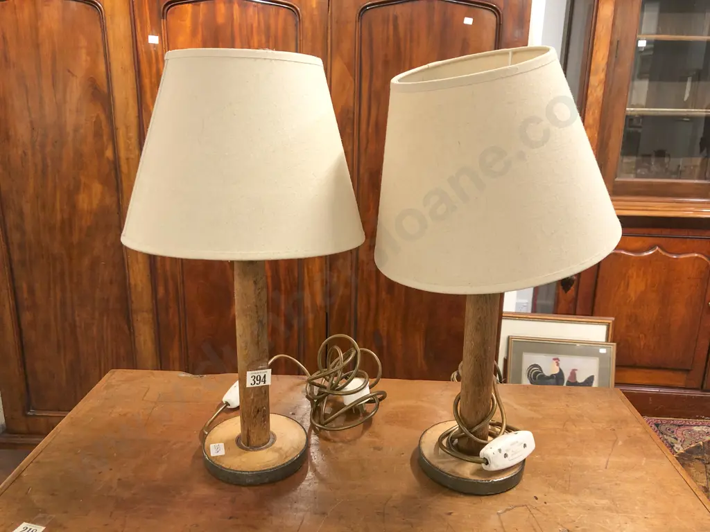 Pair of Wooden and Pewter Table Lamps Image 1++