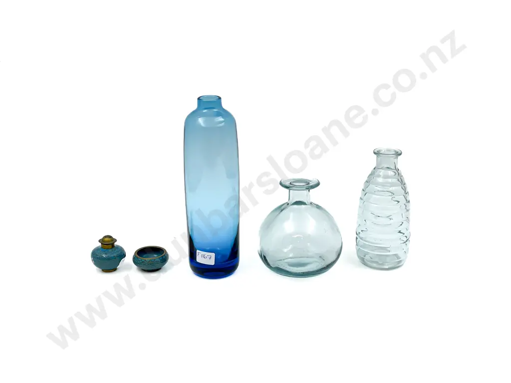 Three Vintage Glass Bottles together with Cloisonne Salt Pot & Pepper Image 1++