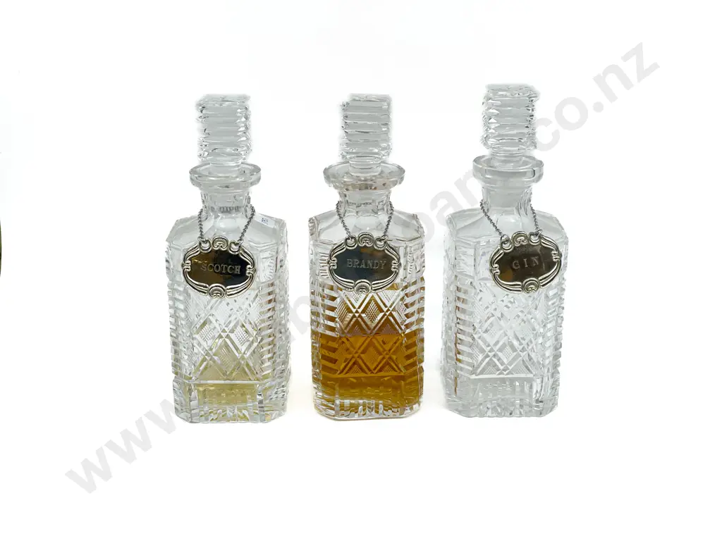 Matched Set of Three Crystal Decanters with Labels Image 1++