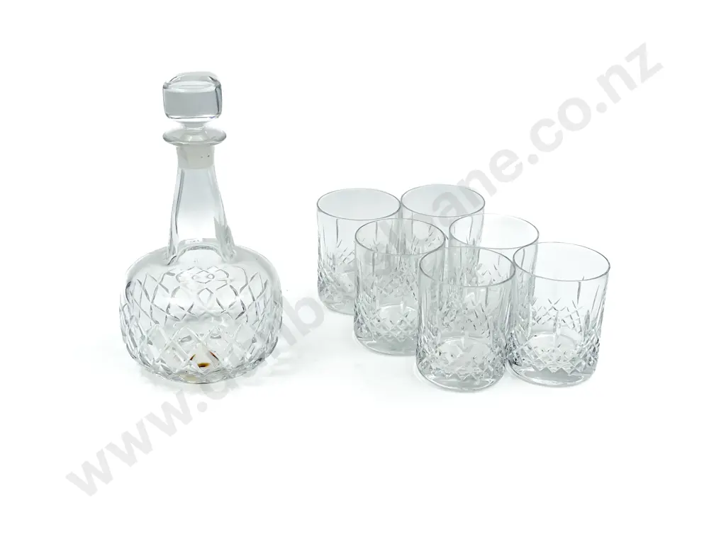 Modern Glass Decanter and Six Crystal Tumblers (Rim Chip) Image 1++