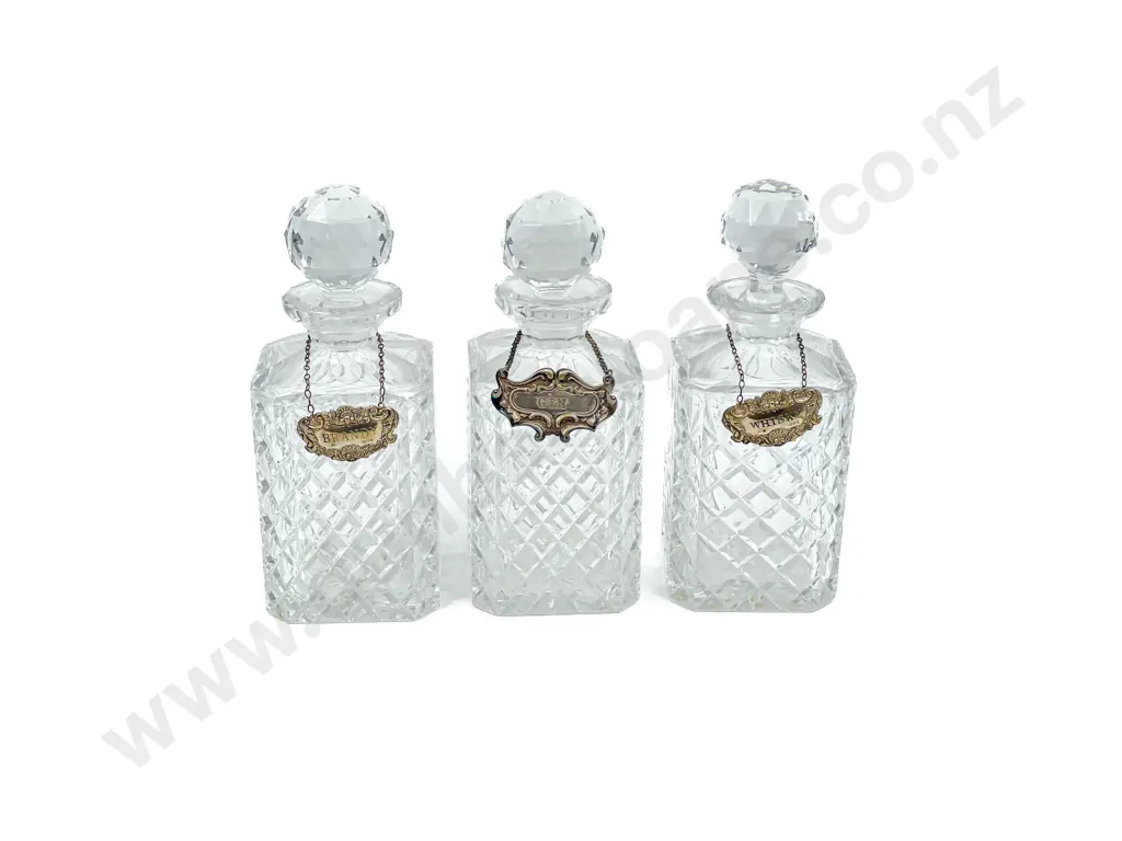 Matched Set of Three Crystal Decanters with Labels Image 1++