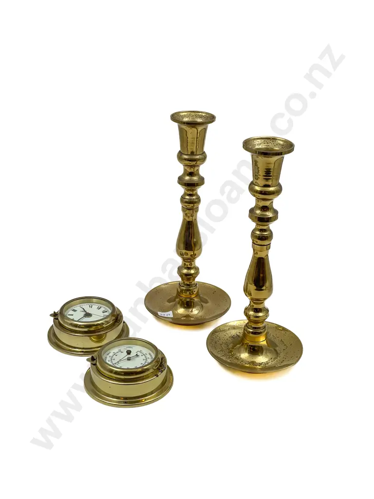 Pair of Brass Candlesticks together with Reproduction Brass Gauge & Clock Image 1++