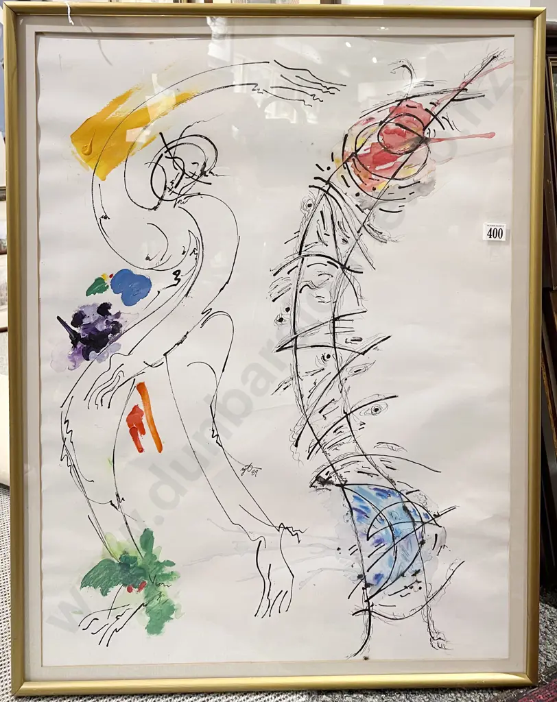 Indistinctly Signed Mixed Media Figural Abstract Work Image 1++