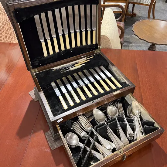 Oak Canteen of Mixed Cutlery Including Bone Handled