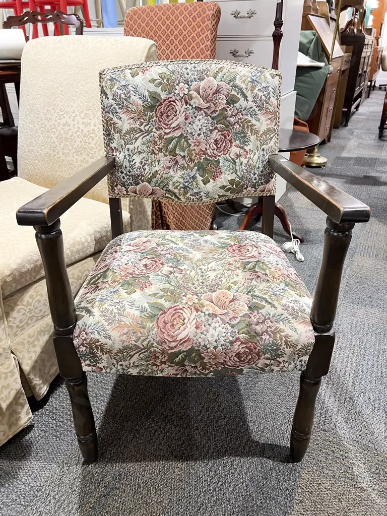 Tapestry Upholstered Mahogany Arm Chair Image 1++