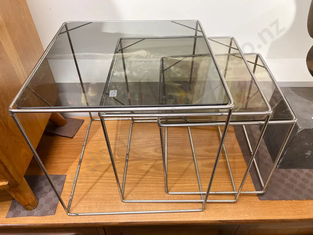 Modern Chrome and Smoked Glass Top Nest of three Tables Image 1++