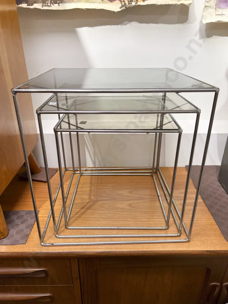 Modern Chrome and Smoked Glass Top Nest of three Tables Image 1++