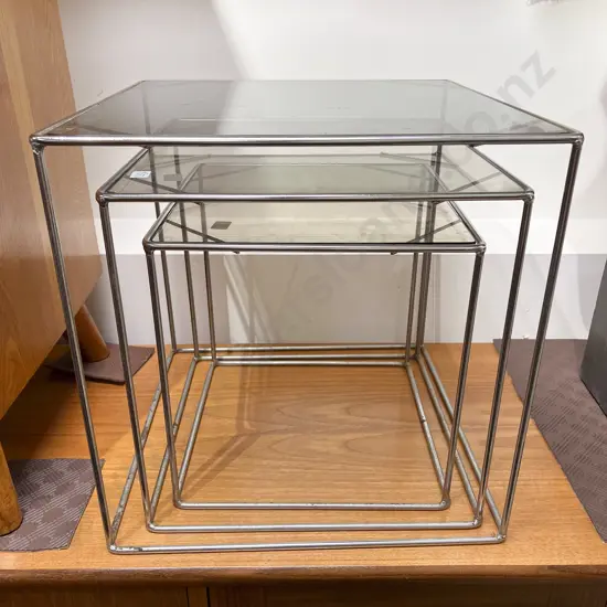 Modern Chrome and Smoked Glass Top Nest of three Tables