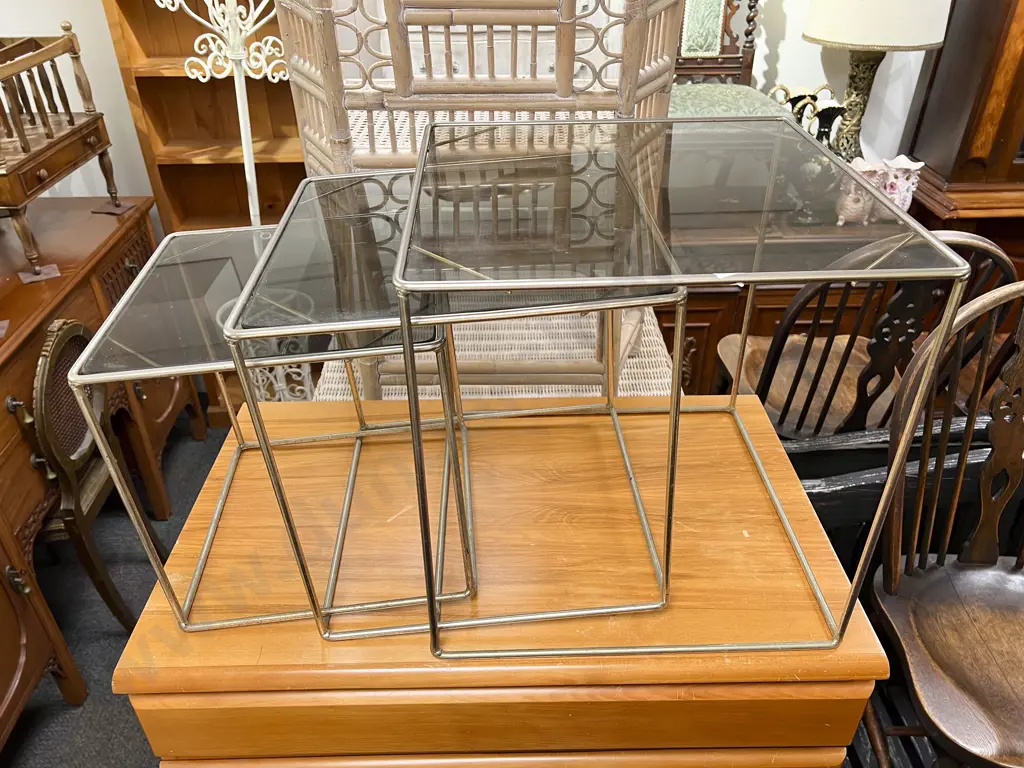 Modern Chrome and Smoked Glass Top Nest of three Tables Image 1++