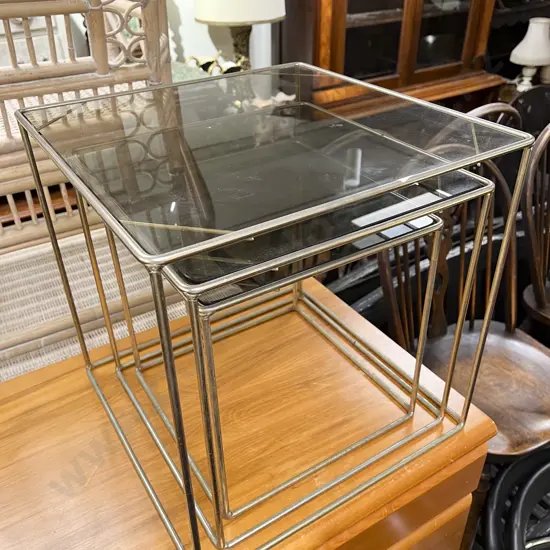 Modern Chrome and Smoked Glass Top Nest of three Tables