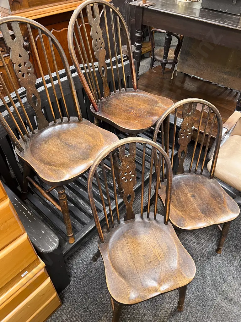 Set of Four Country Kitchen Stained Oak Stick Back Chairs Image 1++