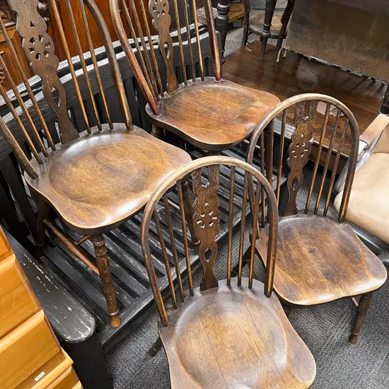 Set of Four Country Kitchen Stained Oak Stick Back Chairs