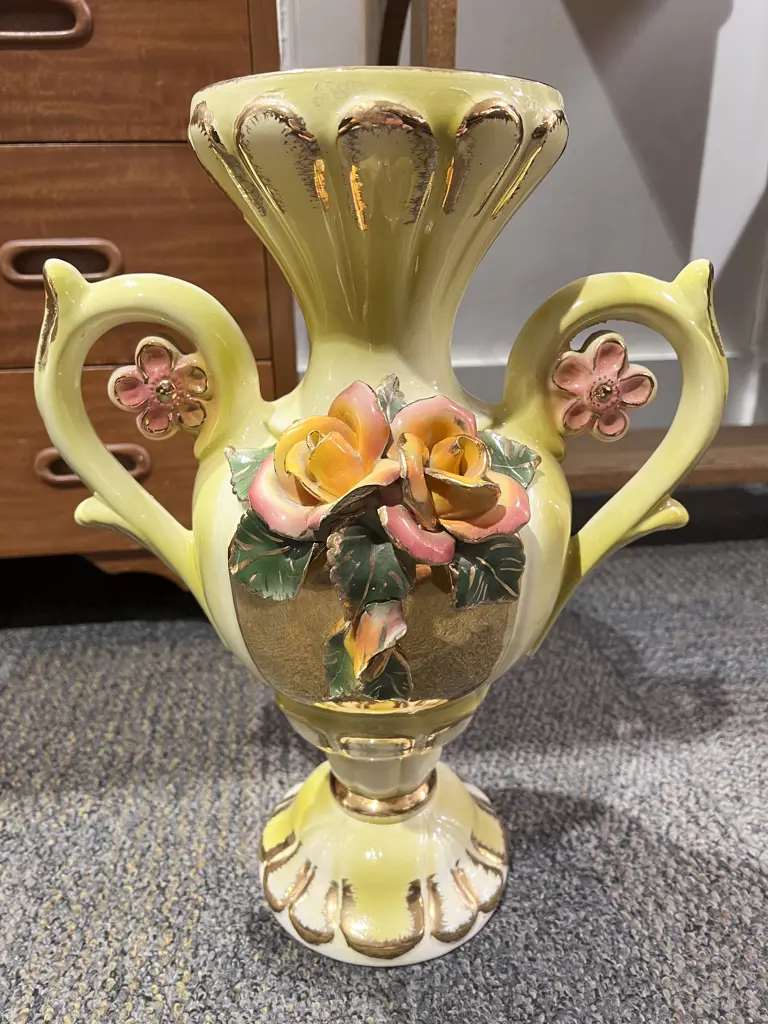 Ceramic Trophy Form Vase with Floral Embellishments Image 1++
