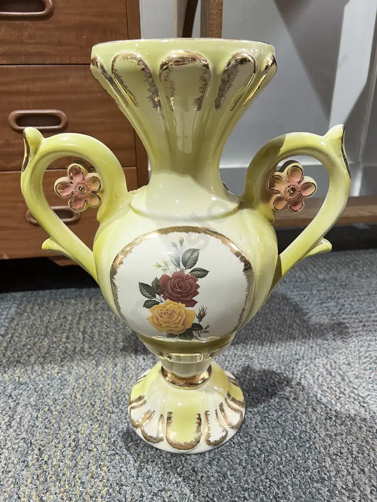 Ceramic Trophy Form Vase with Floral Embellishments Image 1++